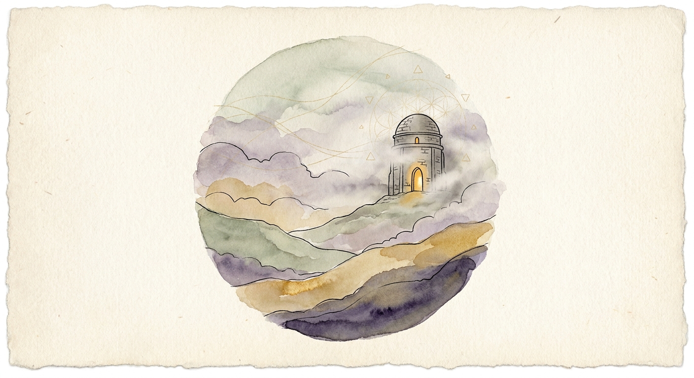 A solitary stone keep on a quiet hilltop, still under construction, a single doorway glowing softly
